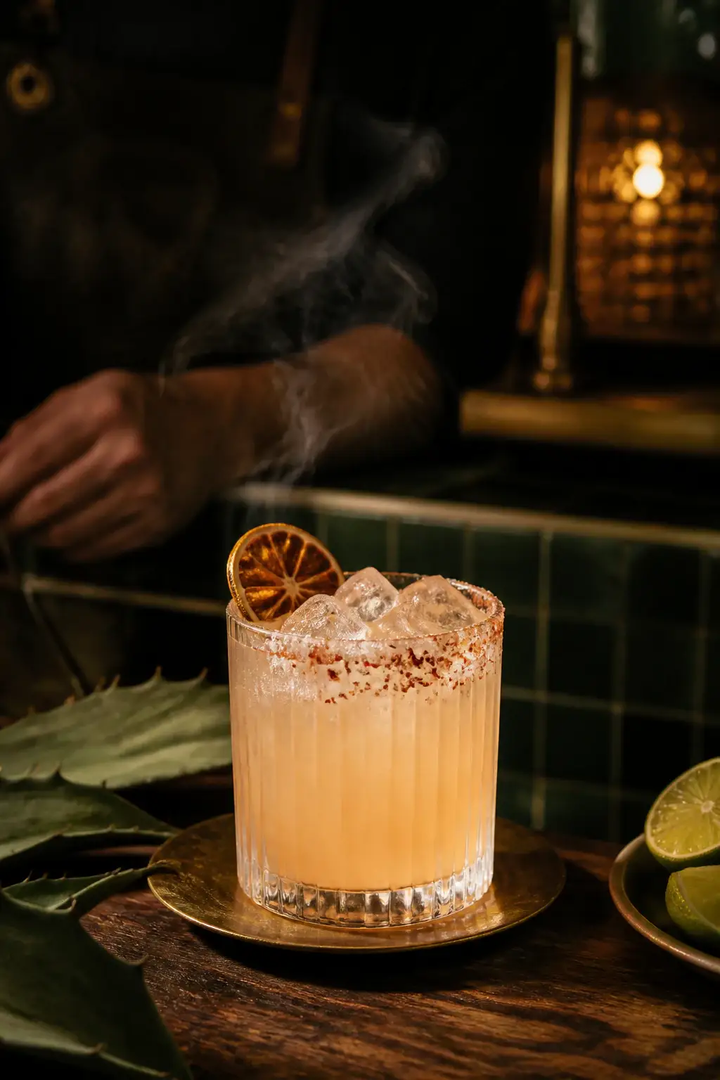 A handcrafted cocktail with a dried orange slice and a salted rim