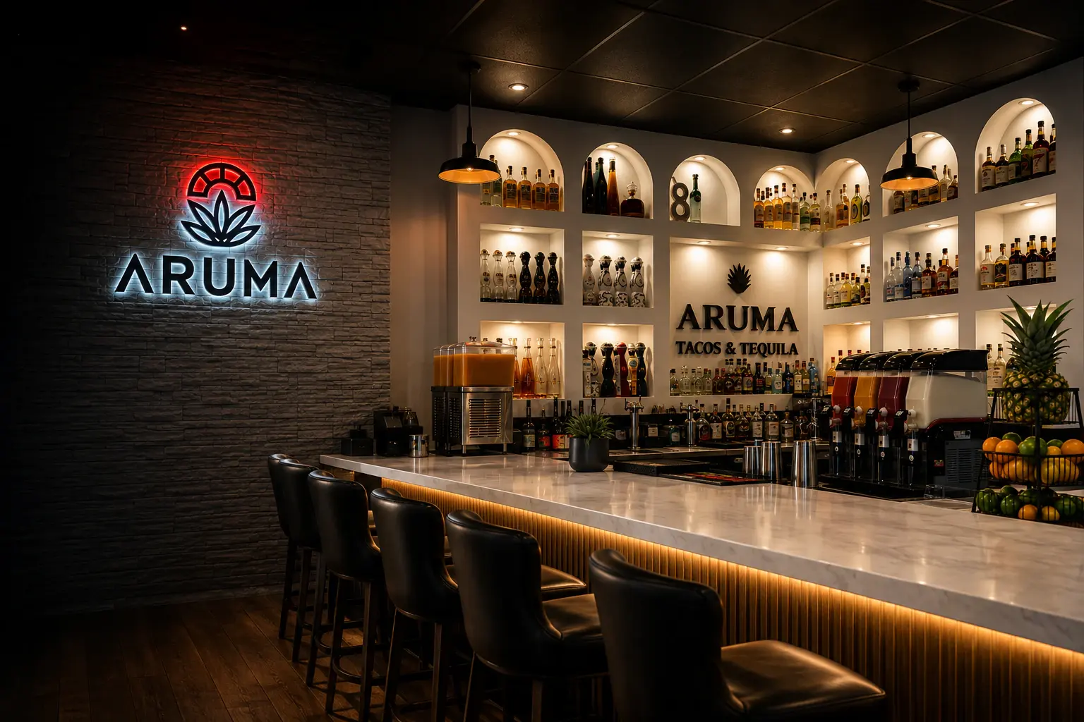 The illuminated bar inside Aruma Tacos & Tequila in Marshall