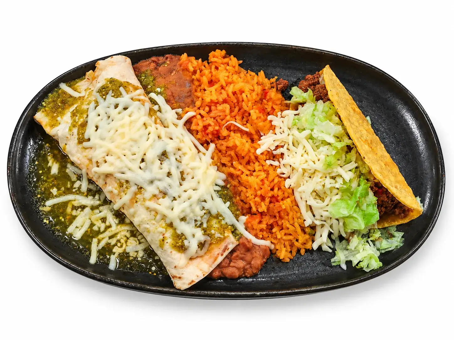 A beef taco and chicken burrito combo plate