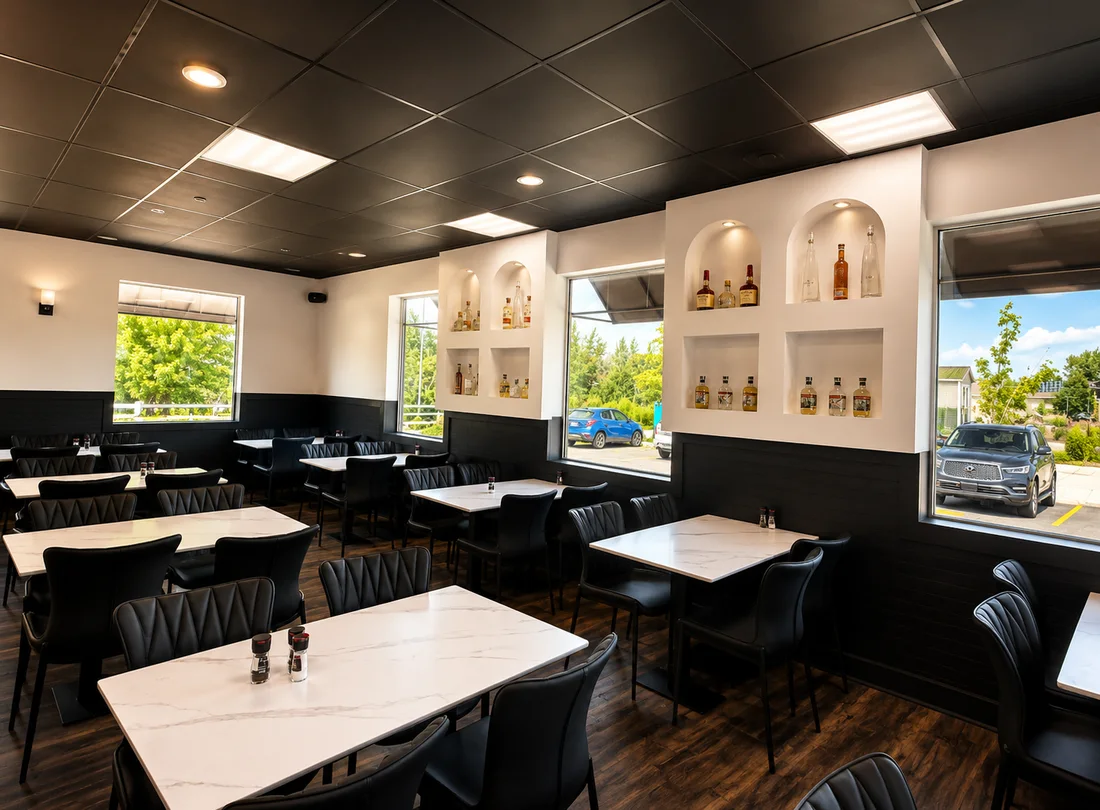 Aruma's bright dining room and marble tables