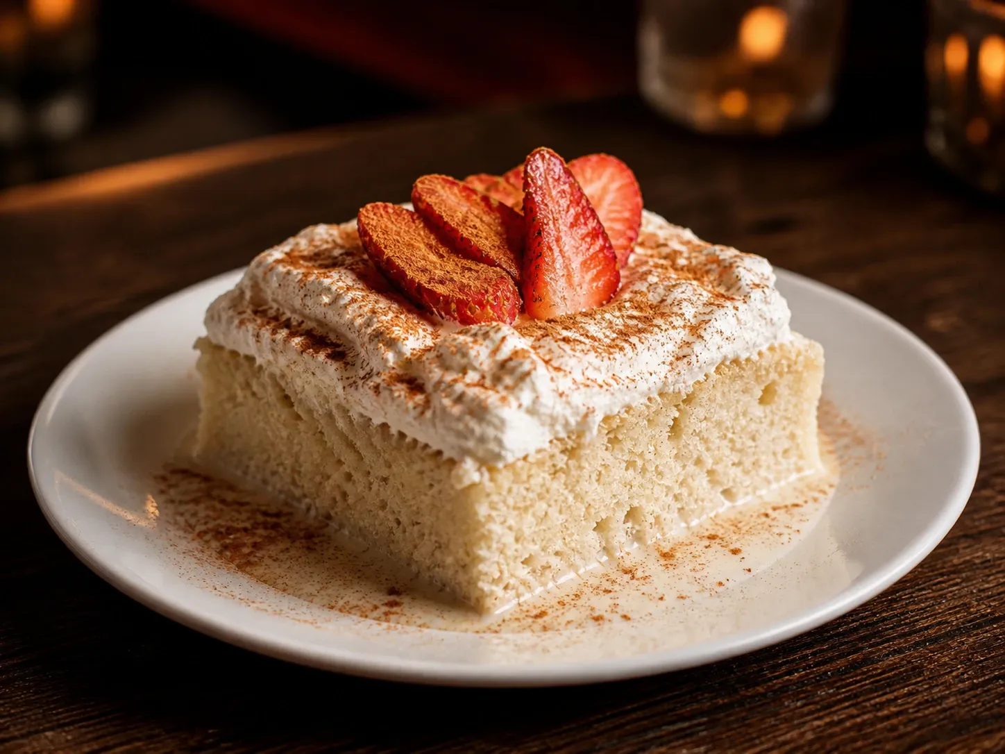Tres Leches cake topped with whipped cream, cinnamon, and fresh strawberries